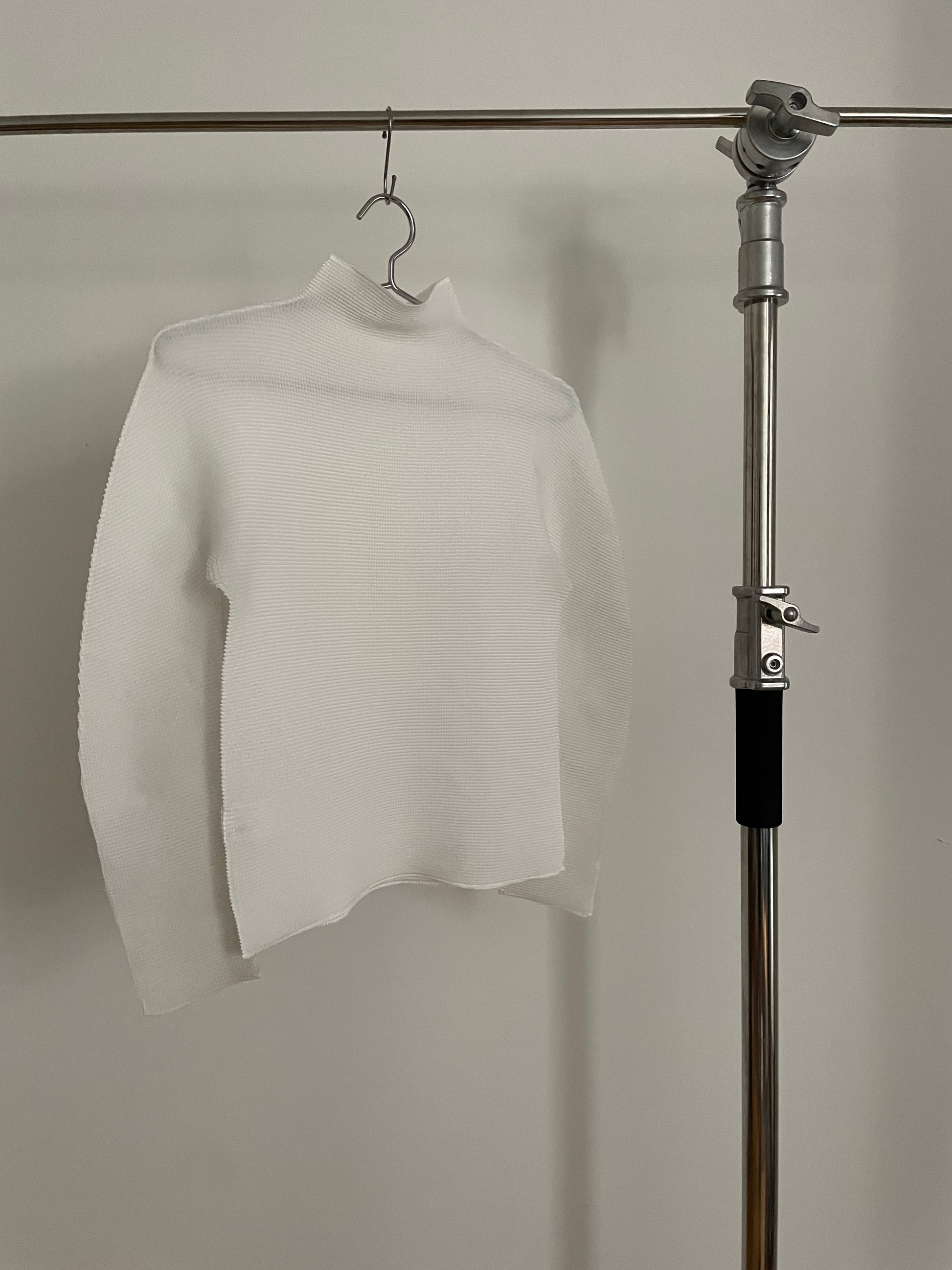 me Issey Miyake white waffle pleated long sleeve mock neck