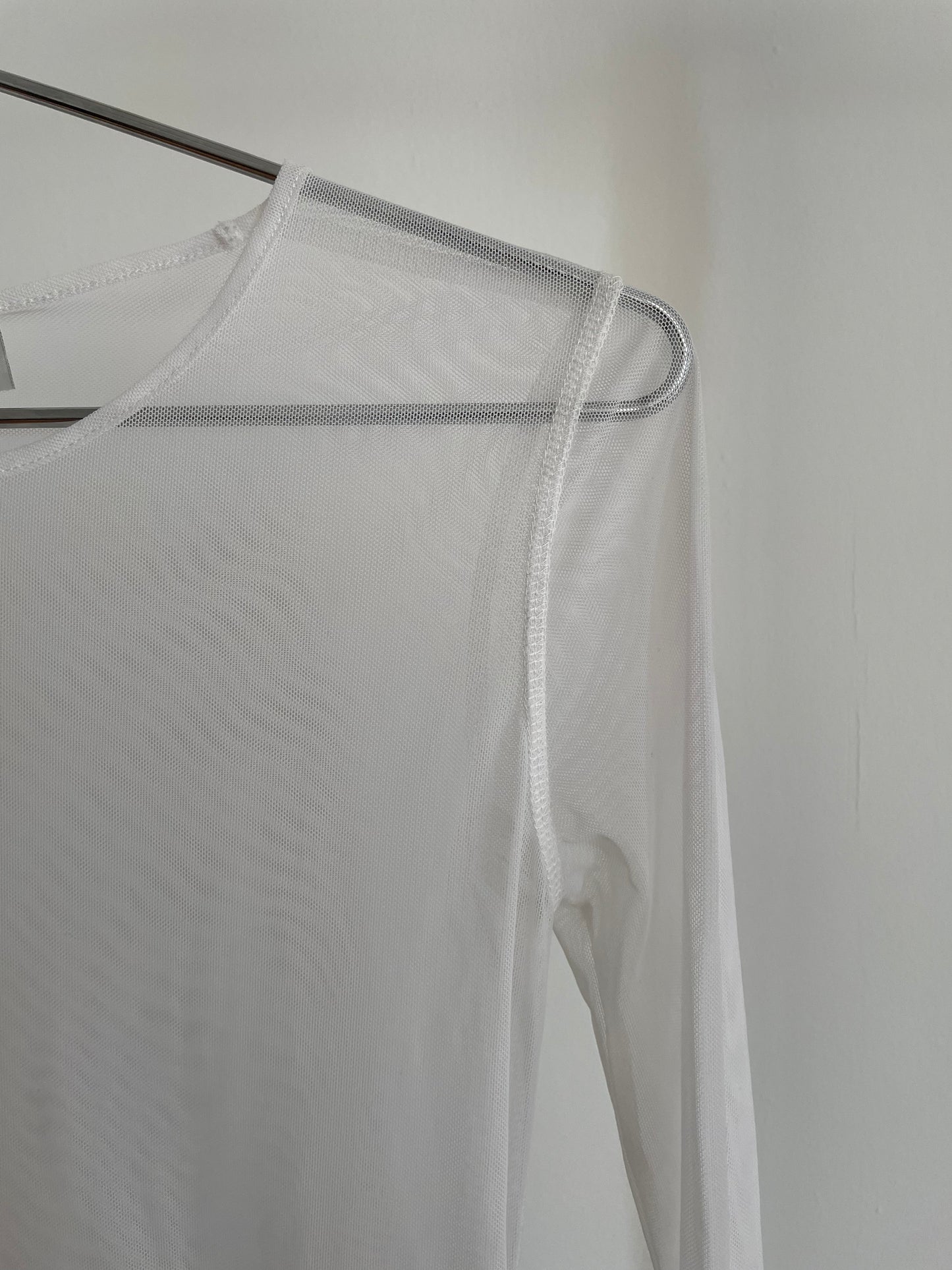 Detail view of womens Dries Van Noten white mesh long sleeve top