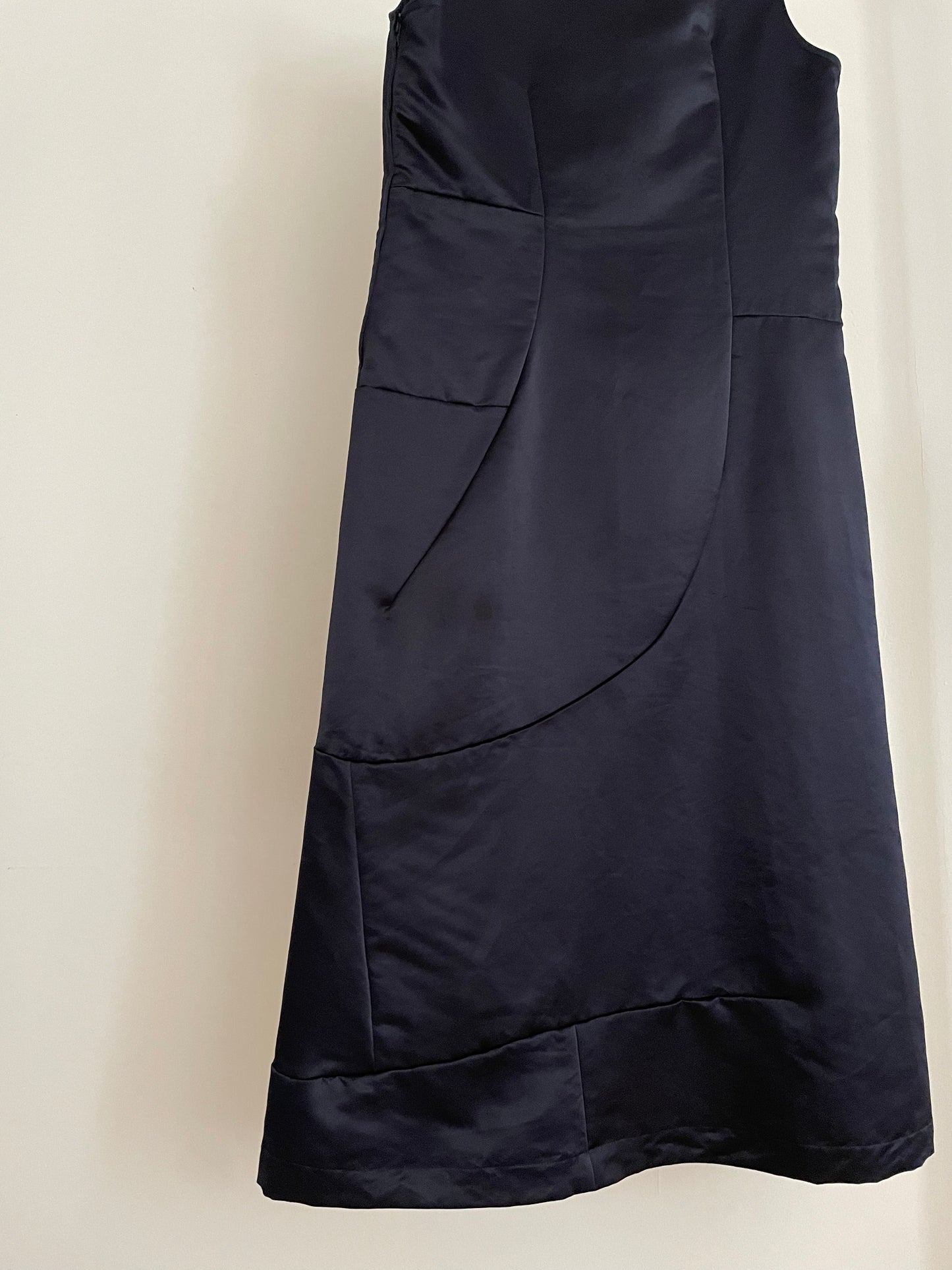 Detail view of vintage womens Comme des Garçons black midi dress with geometric panels